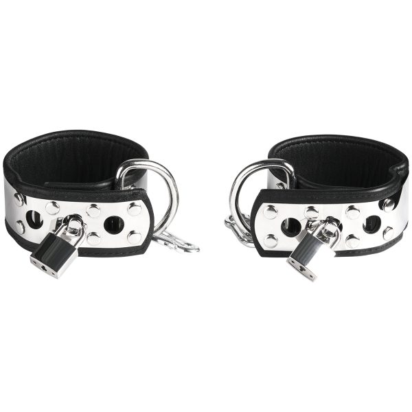 Rimba Ankle Cuffs in Leather and Metal with Padlock Silver