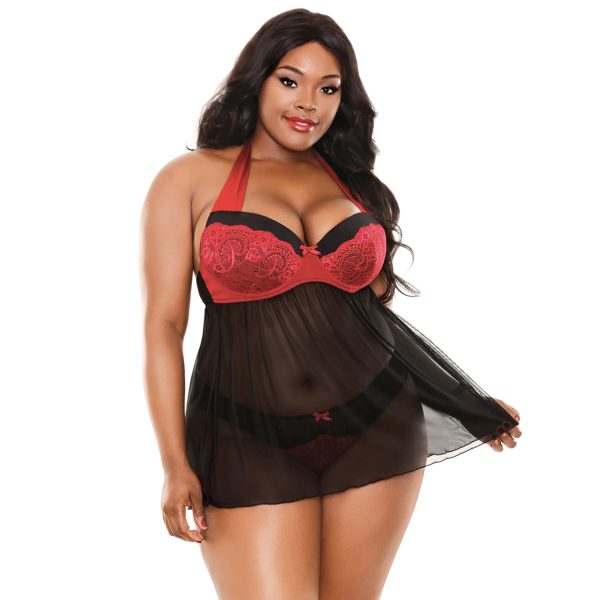 Fantasy Lingerie Sonia Red Halter Tie Babydoll Set Plus Size Black XL2XL